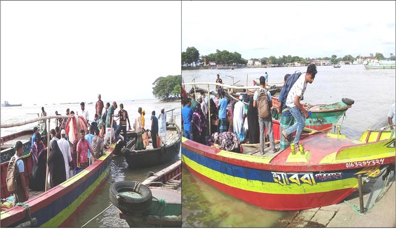 জীবনের ঝুঁকি নিয়ে মেঘনা পাড়ি দিচ্ছে চরাঞ্চলের মানুষেরা