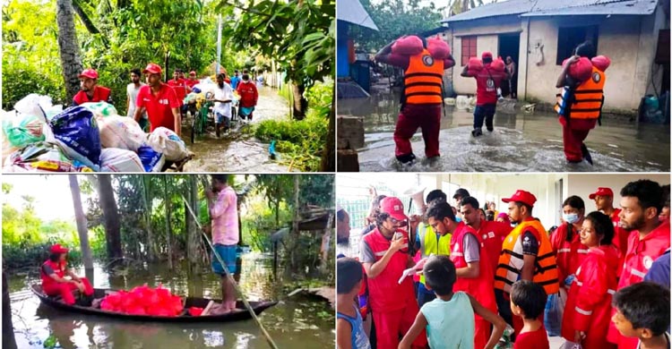 ত্রাণ সহায়তা নিয়ে পানিবন্দি মানুষের পাশে চাঁদপুর রেড ক্রিসেন্টের স্বেচ্ছাসেবীরা  