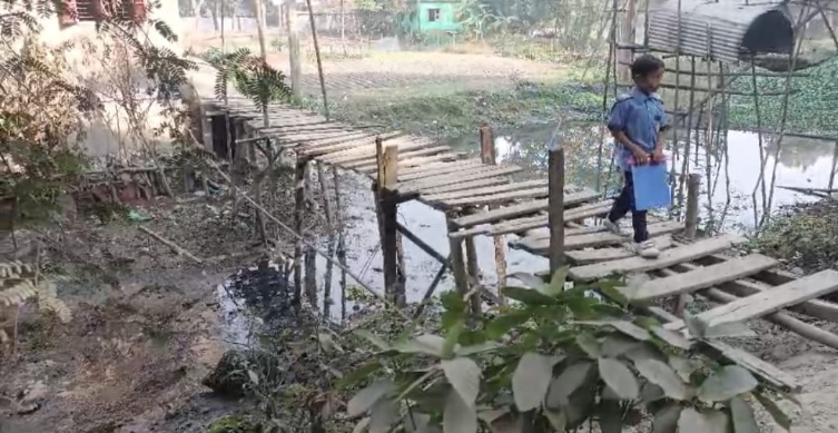 কাঠের সাঁকোতেই জীবনের ঝুঁকি নিয়ে ১৬ বছর ধরে দু গ্রামবাসীর চলাচল